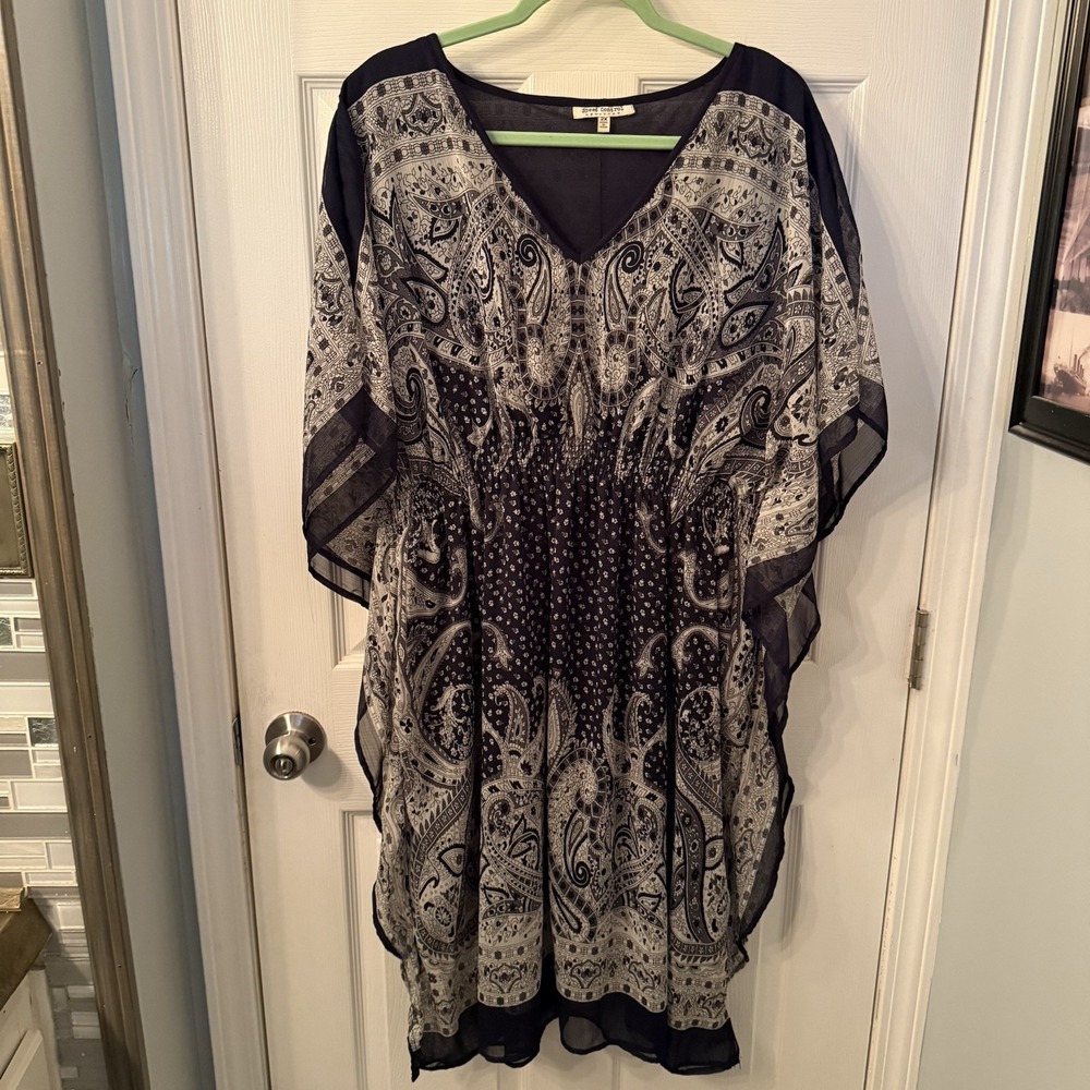 Speed Control New Retro Inspired Black Gray Paisley Boho Kaftan Dress 2X